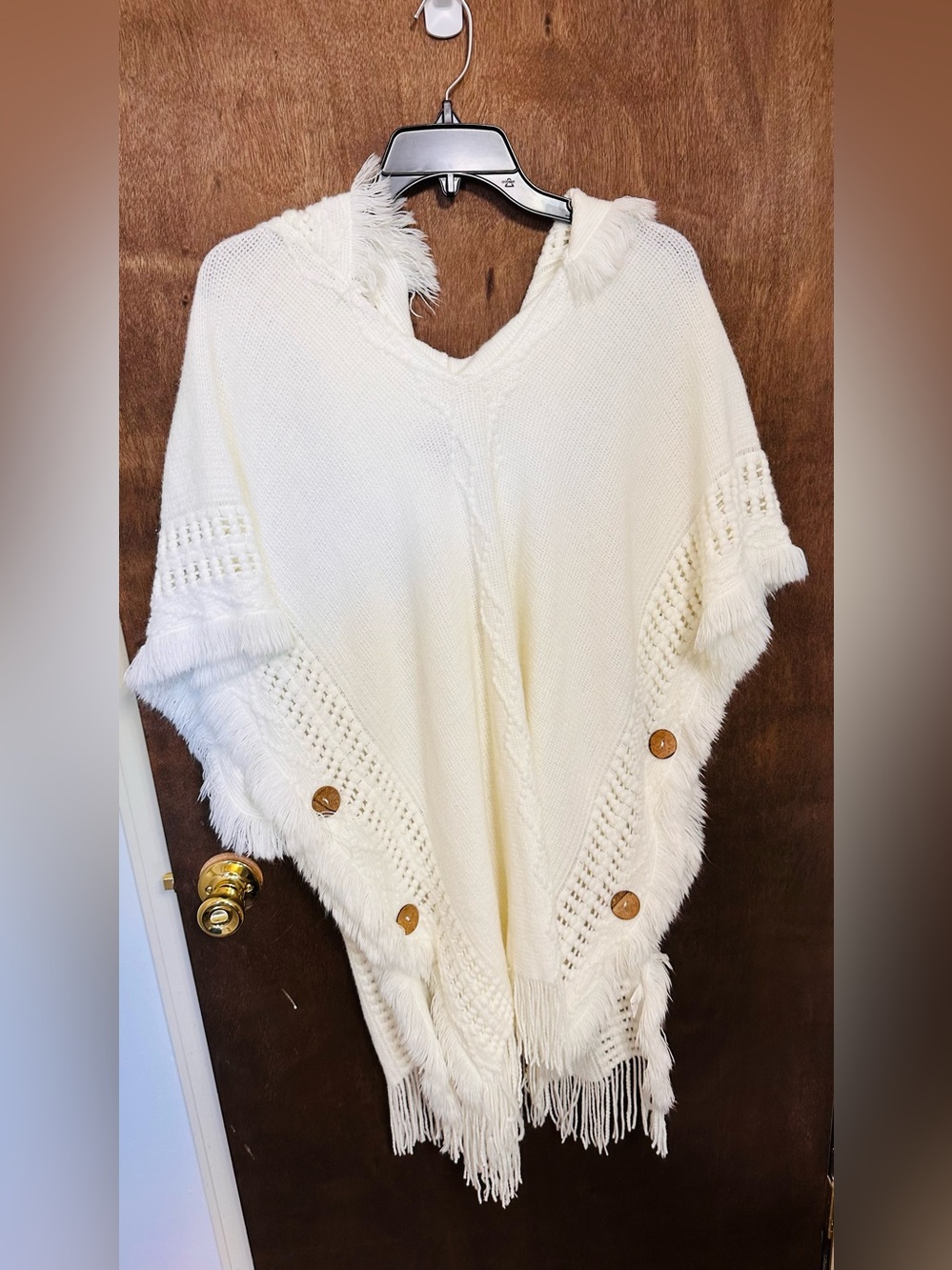 Cream Fringe-Trim Knit Poncho with Button Accents